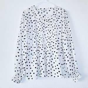 🍓 Rose + Olive Heart Print Pleated Key Hole Front Peasant Sleeve Swing Top Large